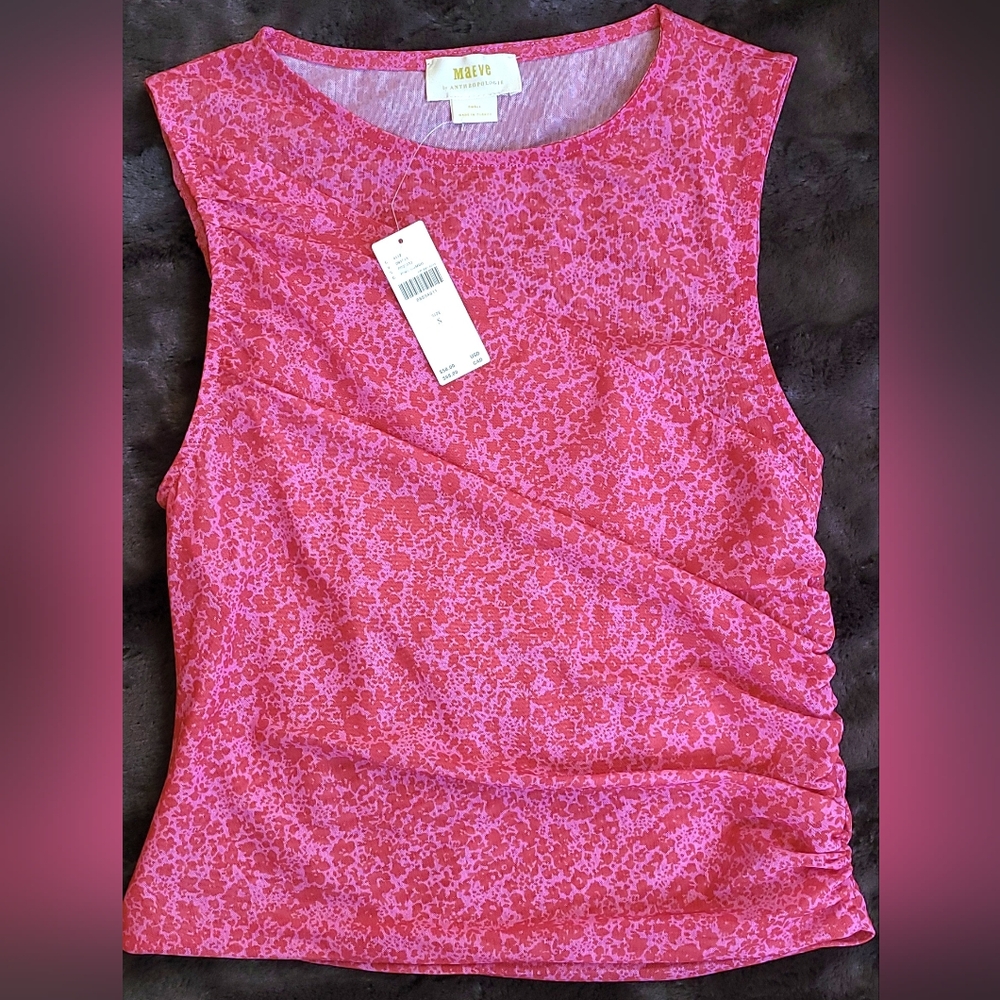 Maeve by Anthropologie Pink Printed Mesh Ruched Tank, Small, NWT